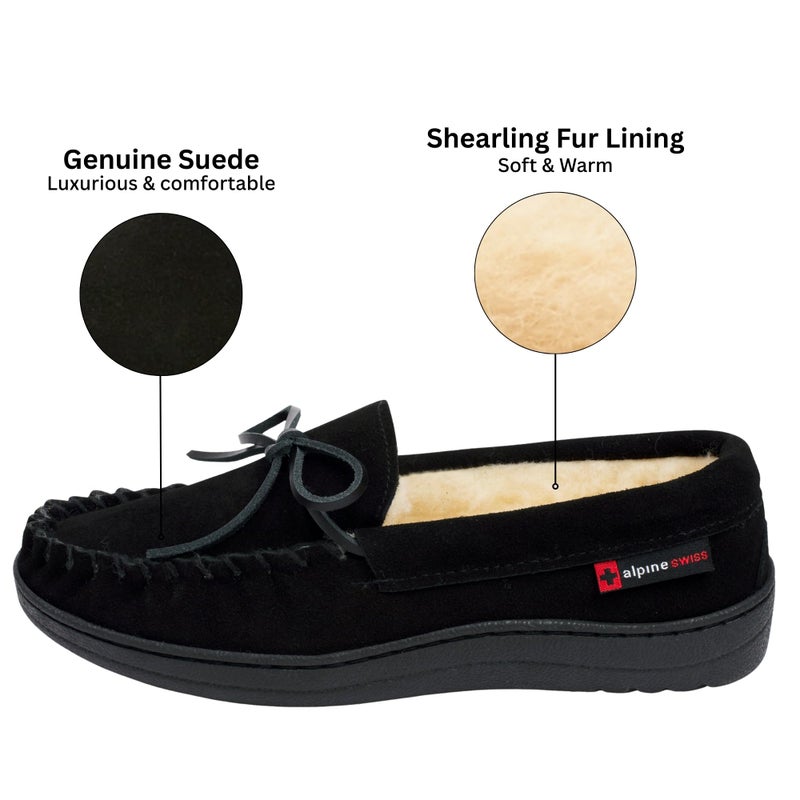 Alpine Swiss Sabine Womens Moccasin Slippers Genuine Suede House Shoe Memory Foam Insole Plush Faux Shearling Fur Indoor Outdoor Anti-Slip Rubber Sole BLK 9 - Image 2